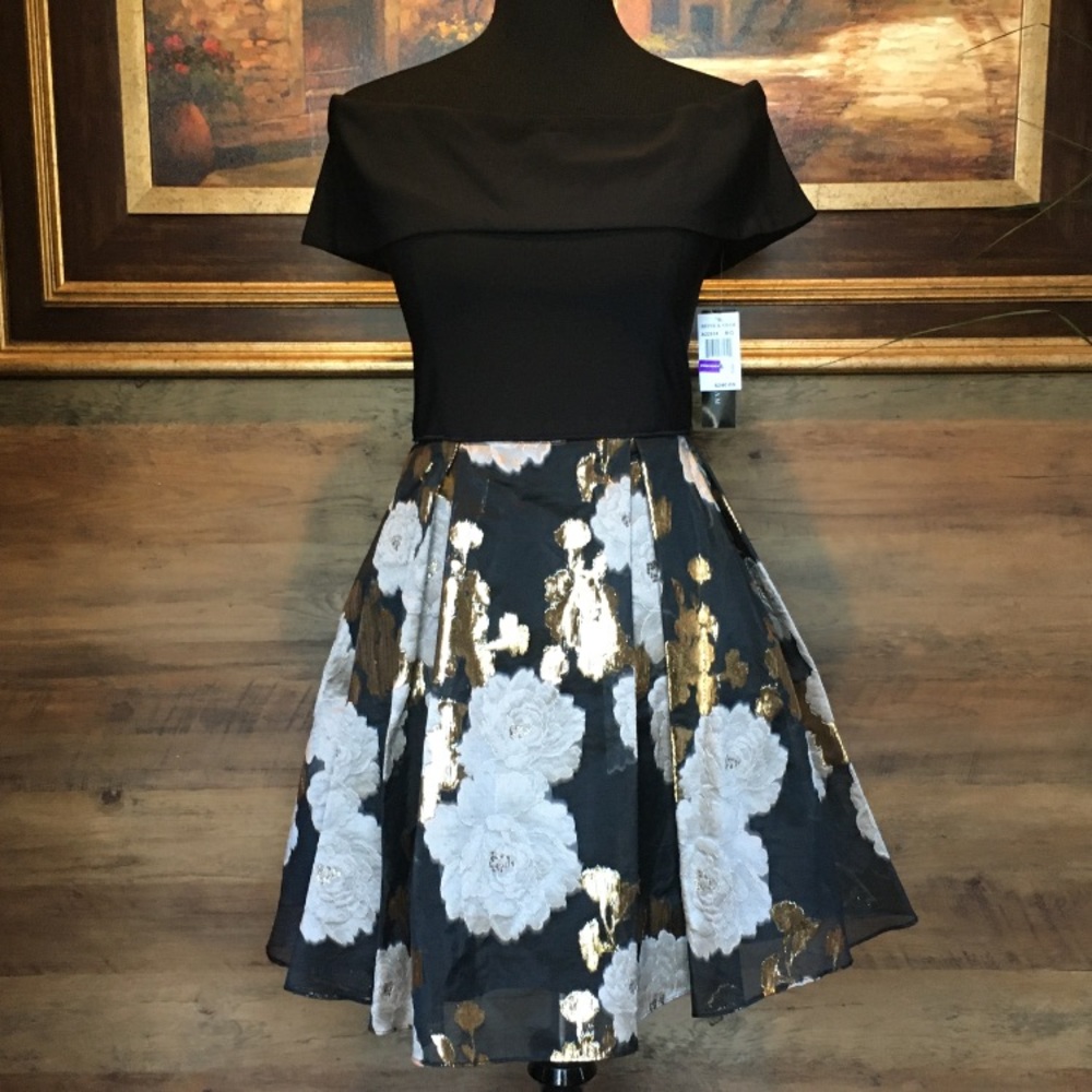 Betsy & Adam Black/Gold Off shoulder dress